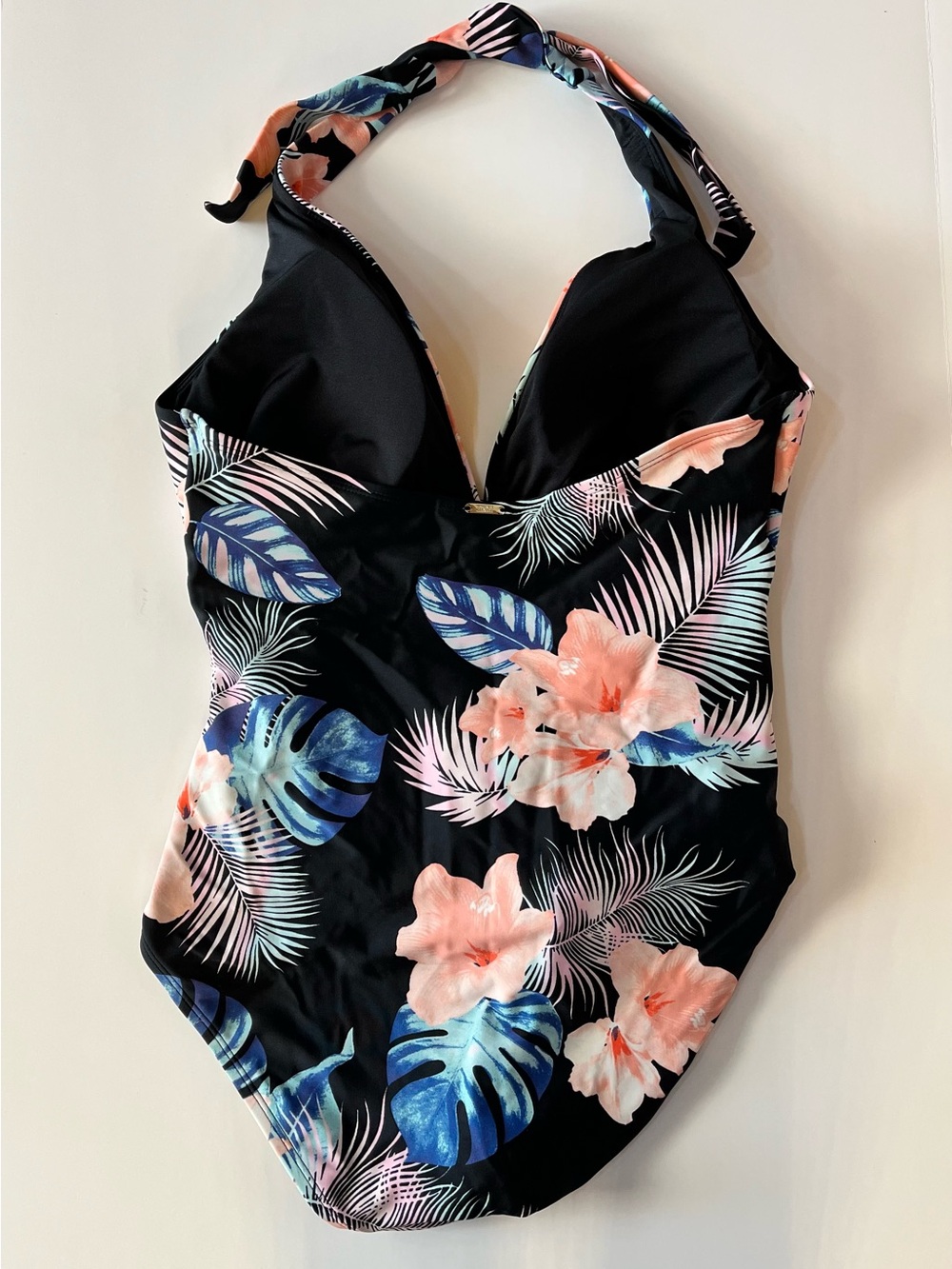 DKNY Black Floral Halter One-Piece with Coral Blue Print size XL - Picture 3 of 6